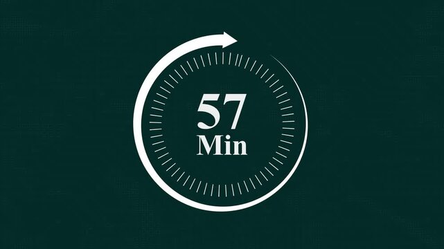 57 minute countdown timer digital clock animation with circular progress bar indicator on dark green tech background for time management