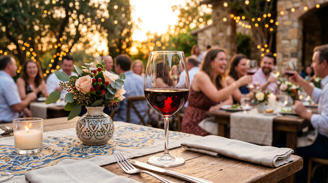Elegant outdoor dining setup with red wine and floral centerpieces  