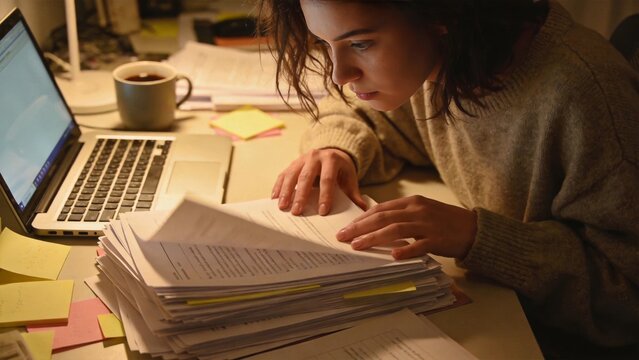 Young woman working late at office desk sorting documents paperwork stack with focused business workflow, overtime job stress organization and professional data management in modern workplace