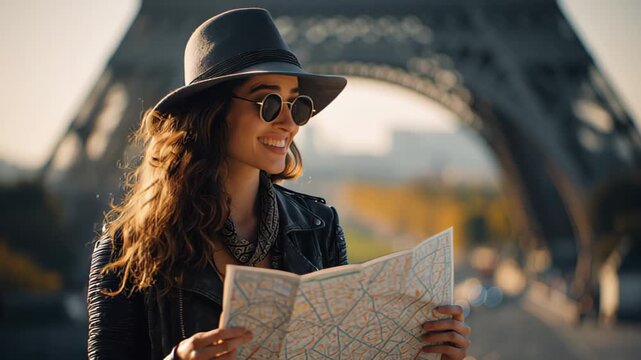 Cinematic travel footage of a fashionable young woman in hat and sunglasses reading a paper map with the Eiffel Tower in soft focus behind her in Paris, France