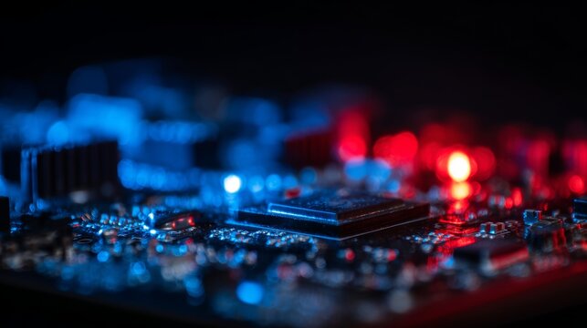 Micro view circuit board with blue red lights electronic technology motherboard data connection digital system hardware innovation glowing components and futuristic tech background