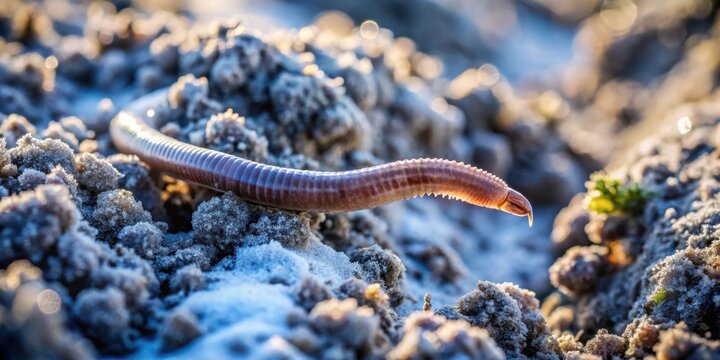A segmented invertebrate, exhibiting a pinkish-brown hue, gracefully arches across a textured, granular substrate, illuminated by the soft glow of dawn or dusk.