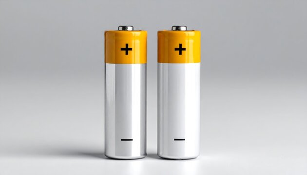 Two cylindrical, white batteries with yellow tops stand on a white surface against a gray backdrop