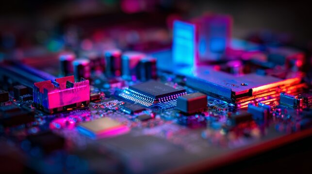 Micro view circuit board with blue red lights electronic technology motherboard data connection digital system hardware innovation glowing components and futuristic tech background