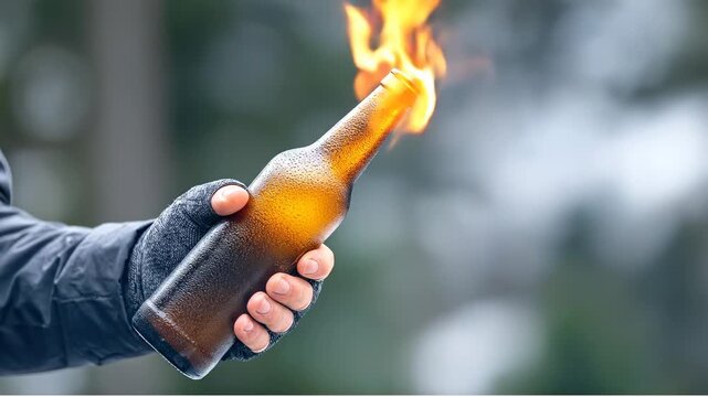 Hand in glove holding burning Molotov cocktail bottle. Person wearing a black glove holding a brown glass bottle with a flaming wick and smoke.