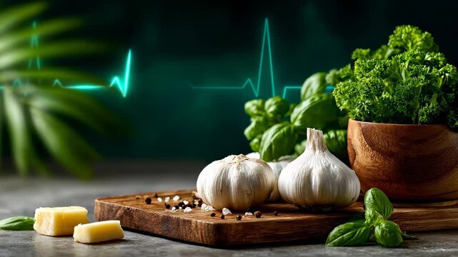 Healthy cooking with garlic and herbs. Fresh garlic, herbs, and cheese are on a wooden board. There is a green heartbeat line in the background.