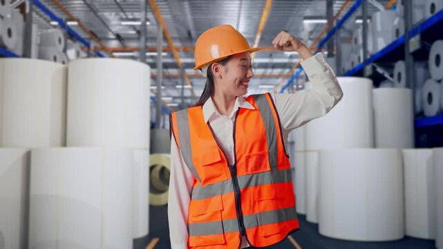 Asian Female Engineer With Safety Helmet Flexing Her Bicep And Smiling To Camera While Standing at Warehouse with Rows of Stacked White Polymer and Paper Rolls