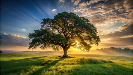 Fototapeta premium Serene Sunset Majestic Tree Silhouetted Against a Vibrant Sky, Bathed in Golden Hour Light