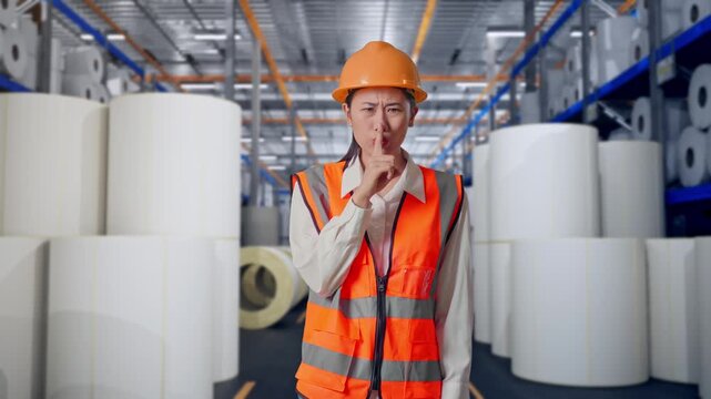 Asian Female Engineer With Safety Helmet Making Shh Gesture While Standing at Warehouse with Rows of Stacked White Polymer and Paper Rolls