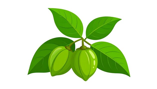 Two glossy green fruits dangle from a verdant stem, surrounded by lush leaves, against a clean white backdrop