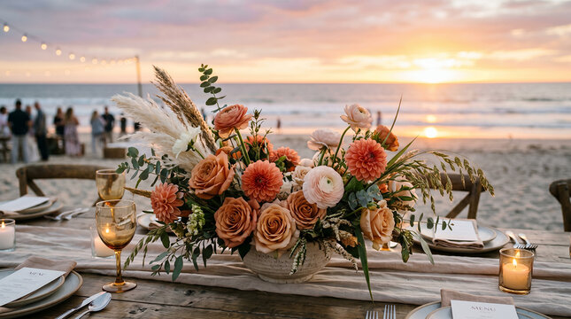 Floral centerpiece on a dining table at a beach sunset dinner concept of catering  