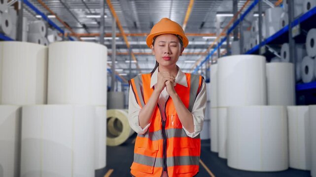 Asian Female Engineer With Safety Helmet Pray For Something While Standing at Warehouse with Rows of Stacked White Polymer and Paper Rolls
