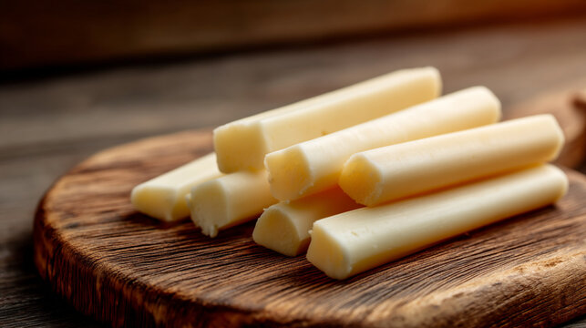 Fresh string cheese sticks on rustic wooden cutting board with party food