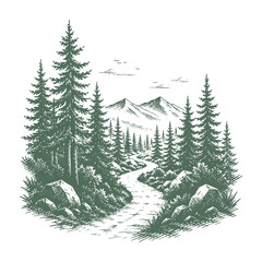 Fototapeta premium Panoramic forest landscape with winding river and mountain peaks in vintage hand drawn woodcut style vector illustration for wilderness scenery.
