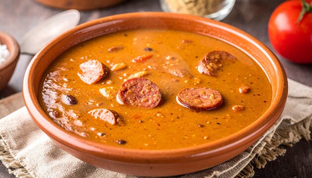 Fabada Asturiana Bowl. Thick bean stew with chorizo slices, a classic recipe from northern Spain