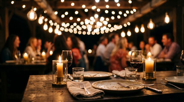 Elegant dining setup with plates and candles in outdoor evening setting  