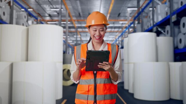 Asian Female Engineer With Safety Helmet Working On A Tablet While Standing at Warehouse with Rows of Stacked White Polymer and Paper Rolls
