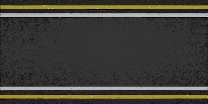 Asphalt road with yellow and white lane markings top down view