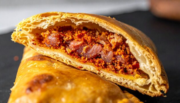 Beef empanada slice. Flaky pastry with rich meat filling, close-up comfort food. 
