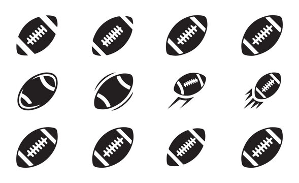 Set of minimalist american football ball icons with different rotation angles and motion silhouettes.