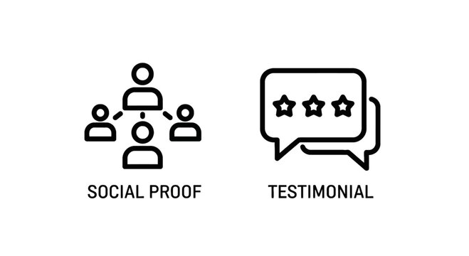 Social proof and testimonial icons representing customer reviews feedback rating trust and digital marketing strategy on white background with testimonial