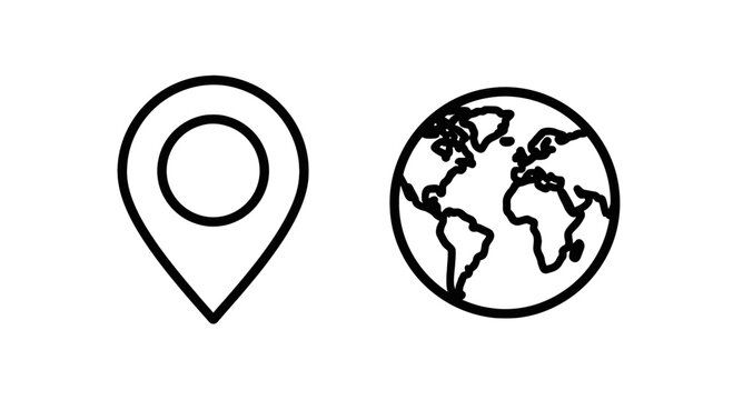 Map pin and globe line art icons representing location and global navigation with location navigation position destination discovery geography internet