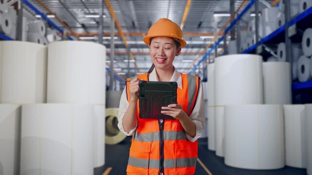 Asian Female Engineer With Safety Helmet Taking Note On The Tablet And Looking Around While Standing at Warehouse with Rows of Stacked White Polymer and Paper Rolls