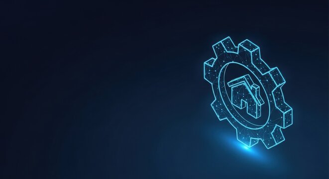 Glowing technological gear network with digital connections on a dark blue background