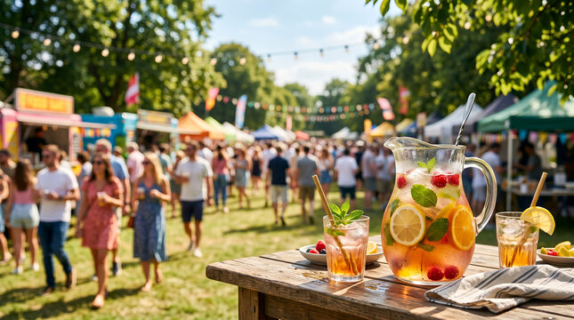 Refreshing fruit drinks served at outdoor catering event in summer  