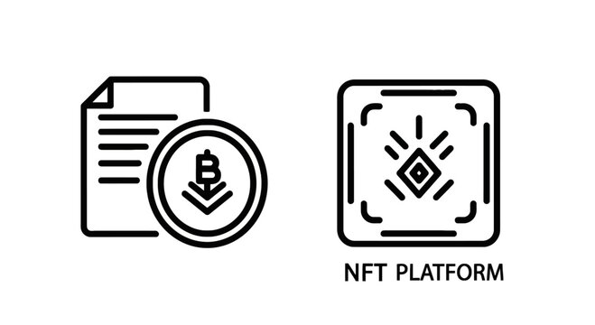 Digital document with coin and nft platform icon set platform document blockchain currency technology business investment contract minimalist