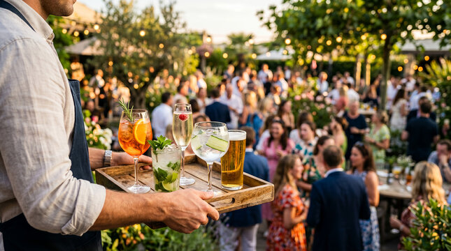 Server holding a tray of drinks at outdoor catering event  