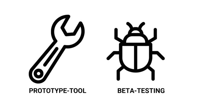 Prototype tool wrench and software beta testing bug line art icons with prototype software development engineering programming maintenance technical