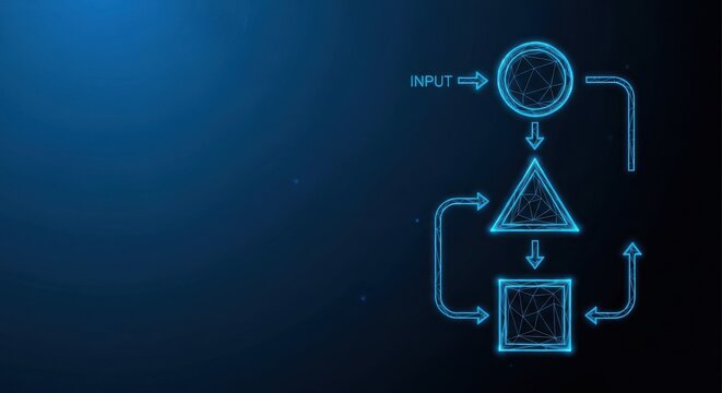 Digital Flowchart Diagram with Glowing Blue Geometric Shapes and Arrows on a Dark Background Representing Process