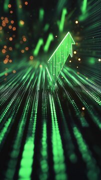 Upward green arrow on a digital background, potential growth illustration