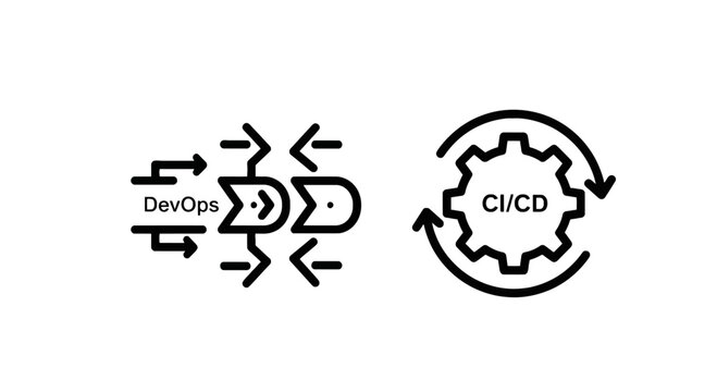Dev ops and cicd software development process icons with software development automation workflow technology programming engineering deployment