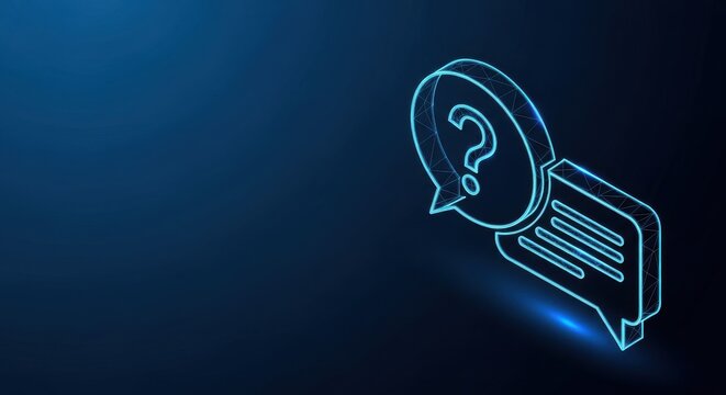 Glowing blue question mark inside a speech bubble icon on a dark digital background