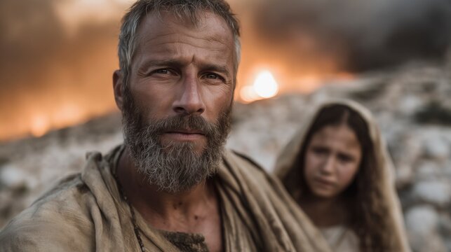 Lot leads his daughters from a burning city, fire lighting the night as fear and urgency reveal judgment, escape, and the cost of leaving behind the past.
