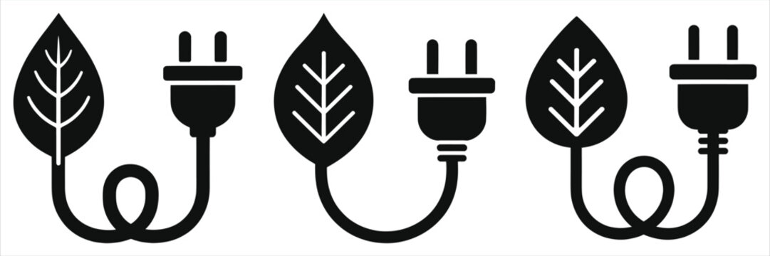 Eco-Friendly Green Energy Concept Vector Icon Set: Electric Power Plug and Leaf Symbol for Sustainability, Renewable Energy Resources, Environmental Conservation, and Clean Technology Graphics