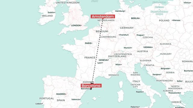 Airplane flying route from Amsterdam to Barcelona in digital animation motion