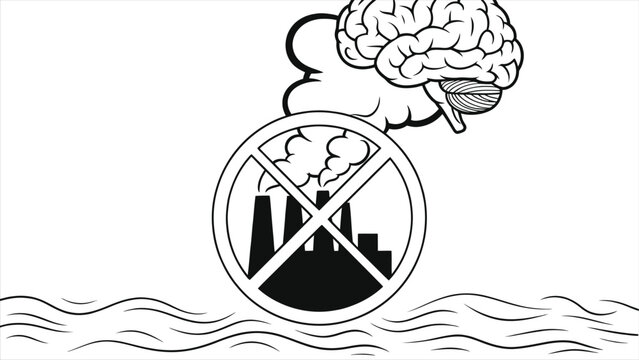 Industrial Pollution Prohibited Concept: Line Art Illustration featuring a Human Brain Cloud rising from a Factory Icon with a No-Entry Cross Sign, Symbolizing Intellectual Awareness and Ecology.
