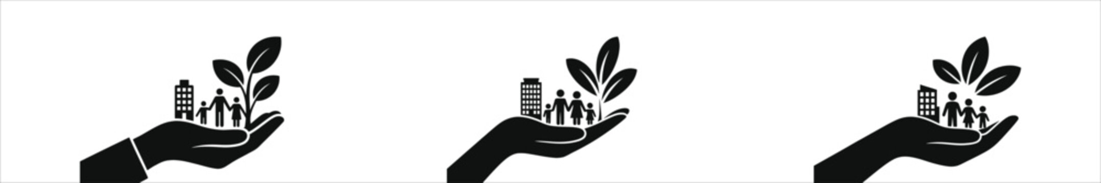 Hand Holding Family, House, and Green Plant Icons: Sustainable Future, Environmental Care, and CSR Concept Vector Illustration. Responsibility for Ecology, Growth, and Community Protection.