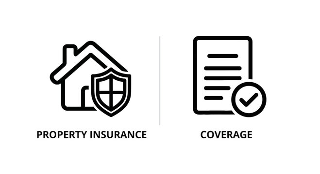 Property insurance and coverage icons set showing home protection shield and document paper with checkmark symbol representing real estate security, property