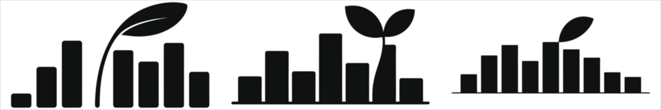 Eco-Friendly Business Growth and Sustainable Finance Icon Set: Minimalist Bar Charts with Growing Leaves Symbolizing Green Economy, Environmental ESG Progress, Corporate Sustainability and Investment