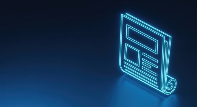 Glowing Neon Newspaper Icon Representing Digital News and Information