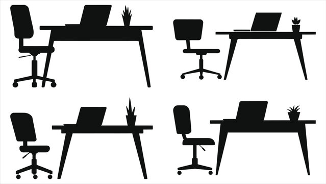 Black Silhouette Office Workspace Set: Ergonomic Desk with Laptop, Modern Swivel Chair, and Potted Plant Elements Isolated on White for Minimalist Eco-Friendly Business Interior Design and Icons