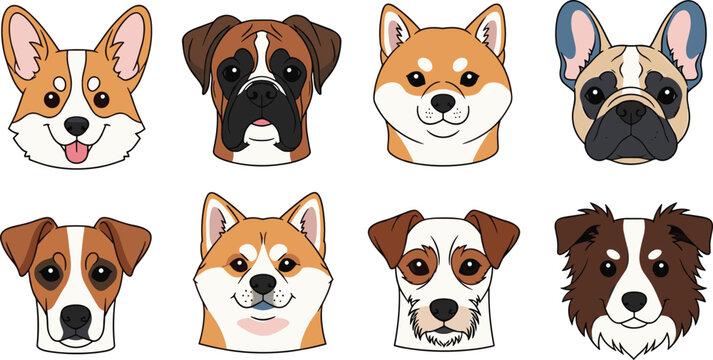 Cute Cartoon Dog Face Portrait Set Featuring Corgi Boxer Shiba Inu French Bulldog Jack Russell and Border Collie Vector Illustration