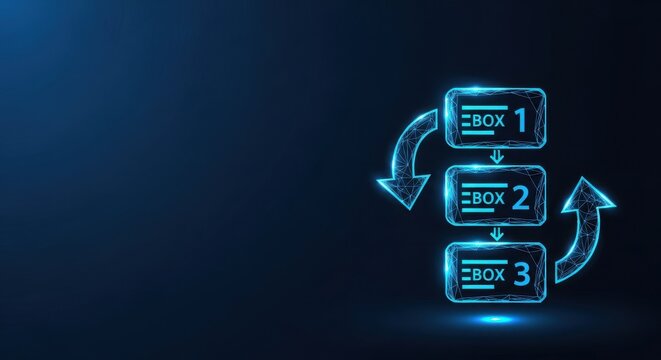 Digital Workflow Process Diagram with Glowing Blue Nodes and Arrows on a Dark Background