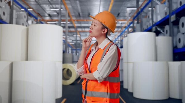 Asian Female Engineer With Safety Helmet Thinking About Something And Looking Around While Standing at Warehouse with Rows of Stacked White Polymer and Paper Rolls