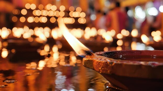 Spiritual Ganga dussehra ritual with burning diya floating on water during evening prayer
