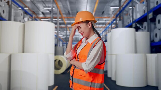 Side View Of Asian Female Engineer With Safety Helmet Having A Headache While Working at Warehouse with Rows of Stacked White Polymer and Paper Rolls